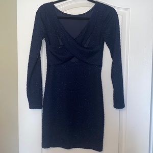 Sparkly dark blue cocktail dress. (Cutouts in the back, full coverage front).